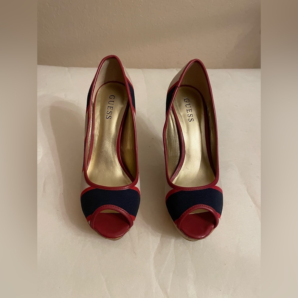 Guess White, Blue, and Red Open toe heels